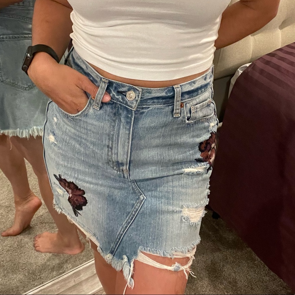 Abercrombie and Fitch Floral Embroidered Distressed High Rise Jean Skirt